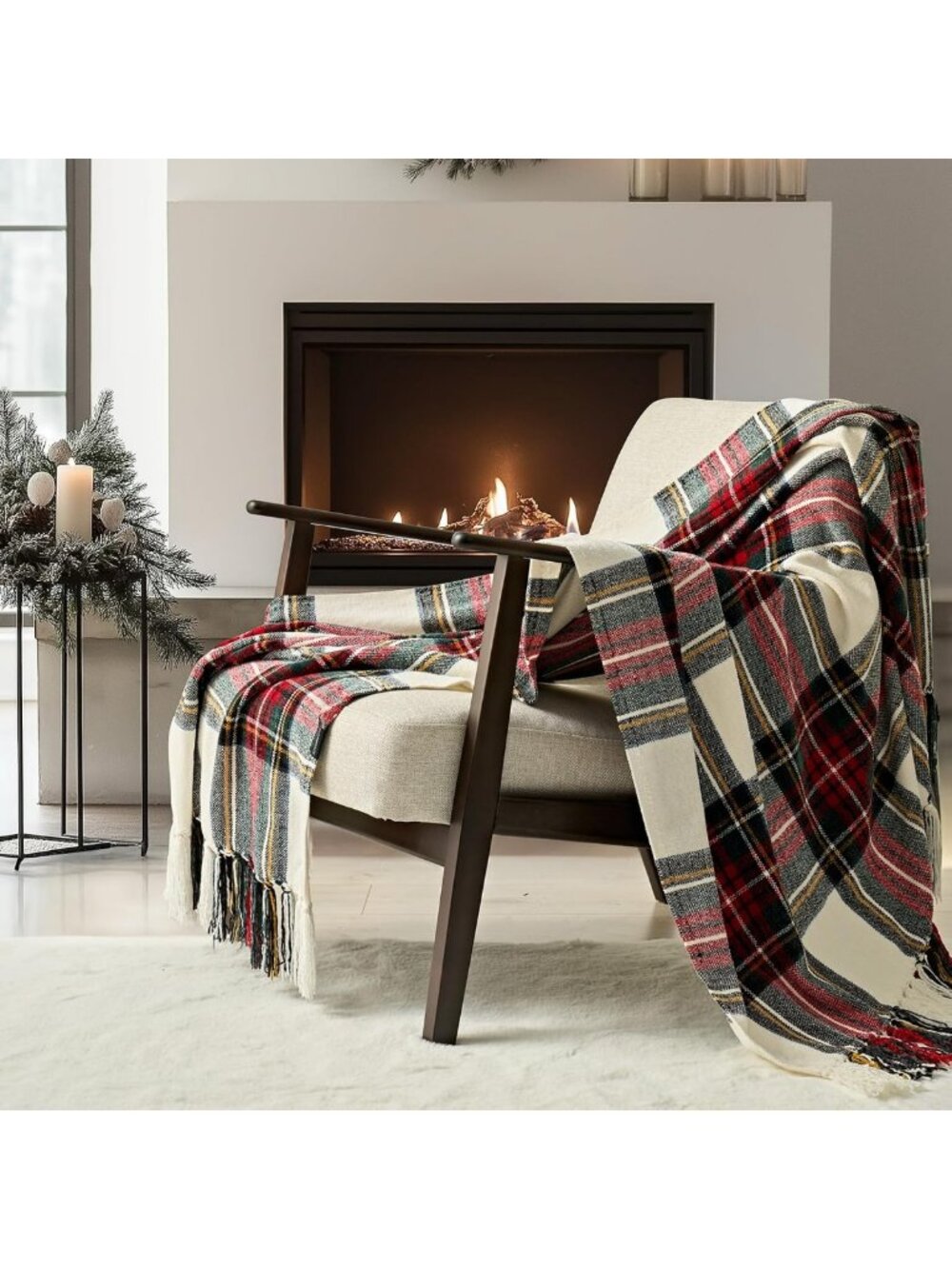 Cozy Chenille Christmas Throw Blanket 50"x60" - White Stewart Plaid, Holiday